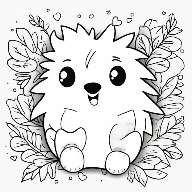 A cute and chubby hedgehog in a kawaii style designed as a coloring book page