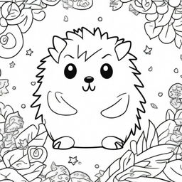 A cute and chubby hedgehog in a kawaii style designed as a coloring book page