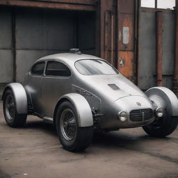 A futuristic car conceptualized in dieselpunk fashion, featuring a sleek industrial metal design, bolted steel paneling, a dominant diesel engine, and an overarching grungy post-industrial aesthetic