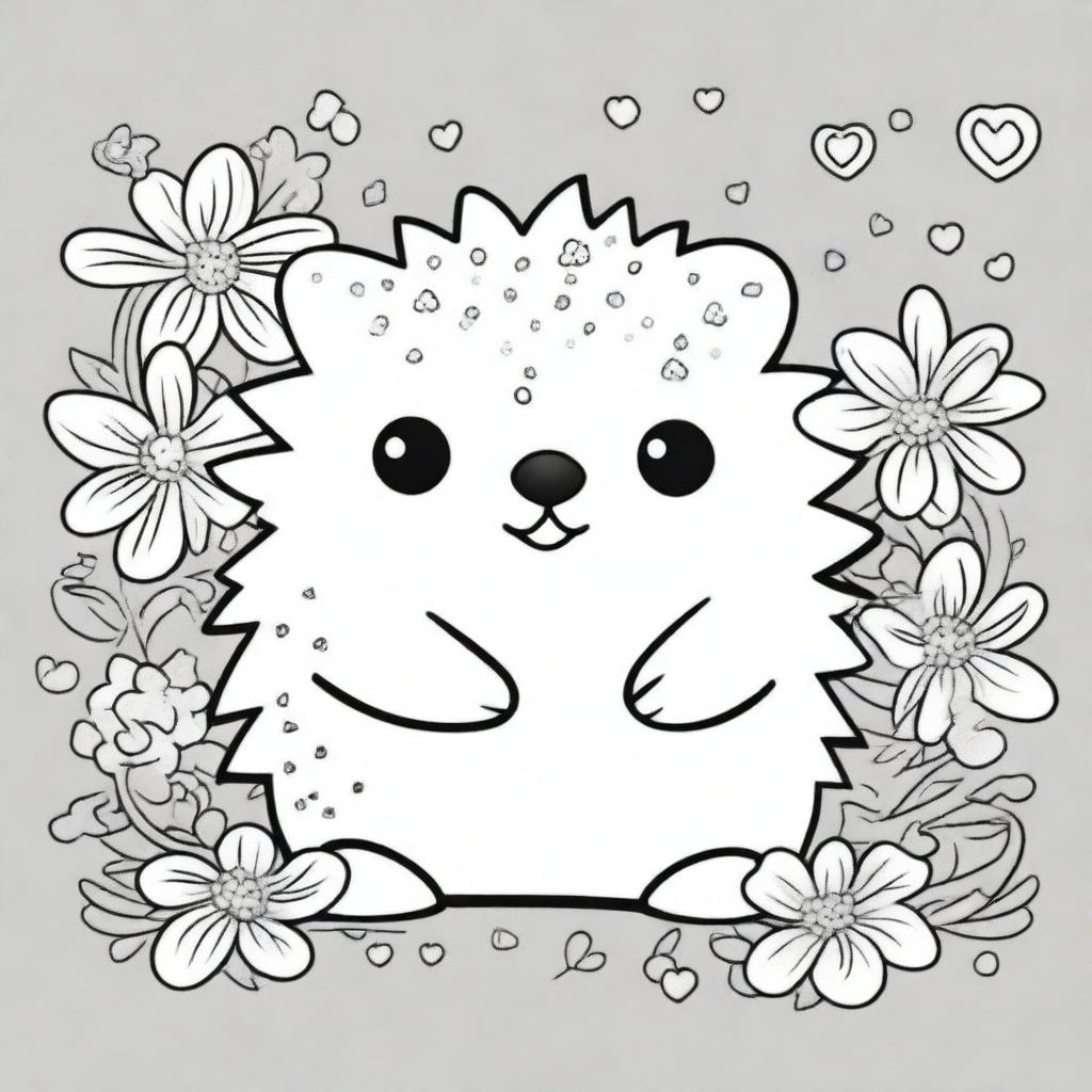 A cute and chubby hedgehog in a kawaii style designed as a coloring book page