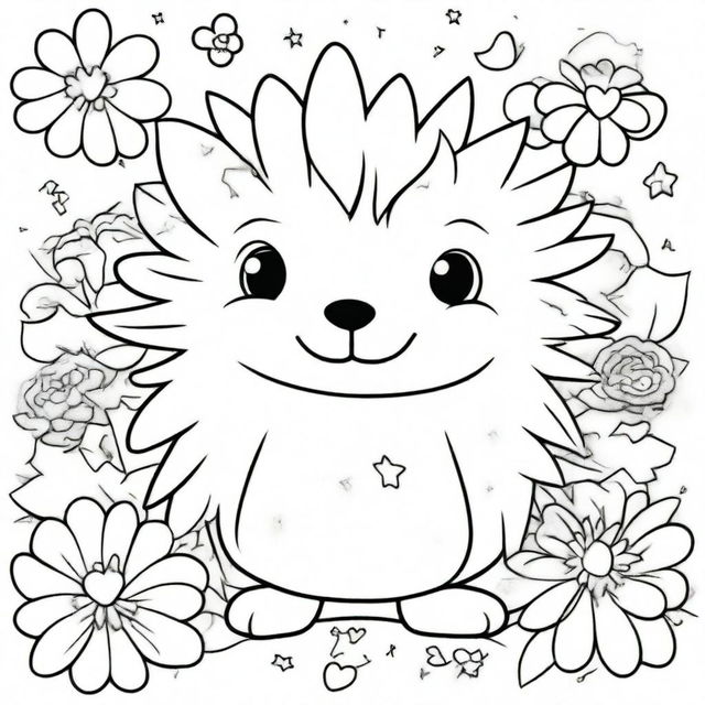 A cute and chubby hedgehog in a kawaii style designed as a coloring book page