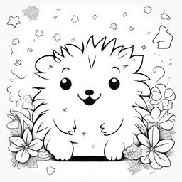 A cute and chubby hedgehog in a kawaii style designed as a coloring book page