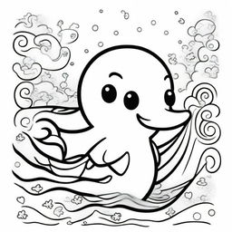 A cute dolphin in a kawaii style designed as a coloring book page