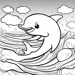 A cute dolphin in a kawaii style designed as a coloring book page