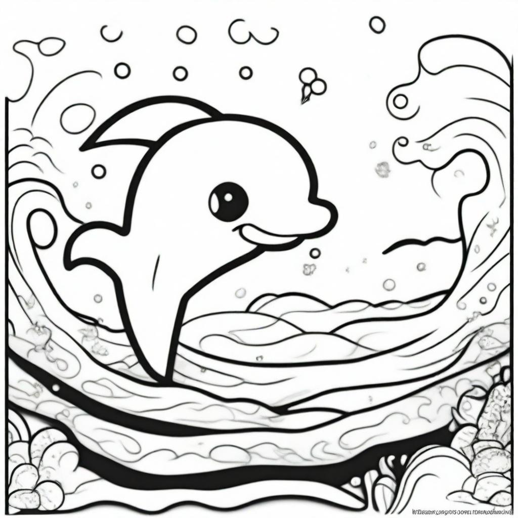 A cute and playful dolphin in a kawaii style designed as a coloring book page