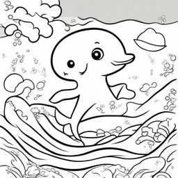 A cute and playful dolphin in a kawaii style designed as a coloring book page