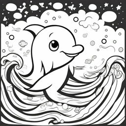 A cute and playful dolphin in a kawaii style designed as a coloring book page