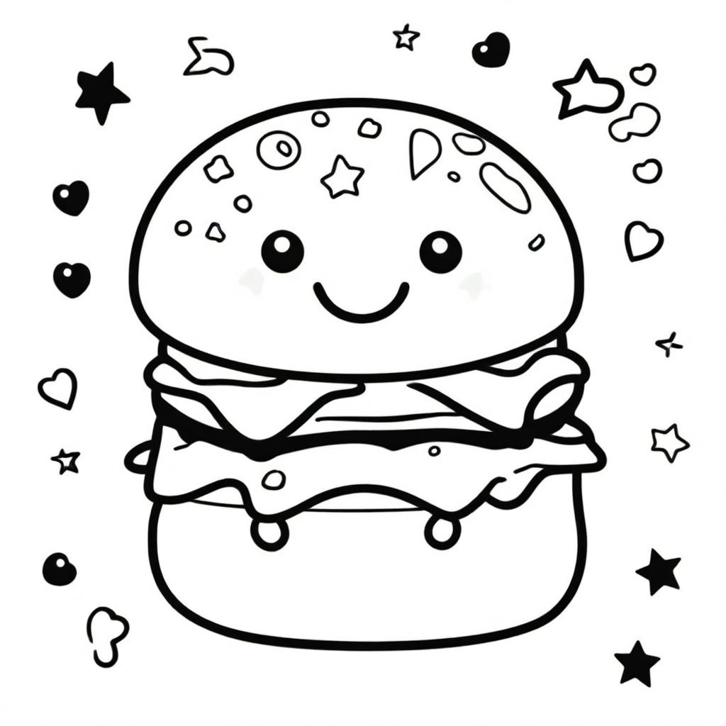 A happy hamburger in a kawaii style designed as a coloring book page