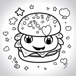 A happy hamburger in a kawaii style designed as a coloring book page