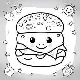 A happy hamburger in a kawaii style designed as a coloring book page