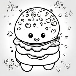 A happy hamburger in a kawaii style designed as a coloring book page