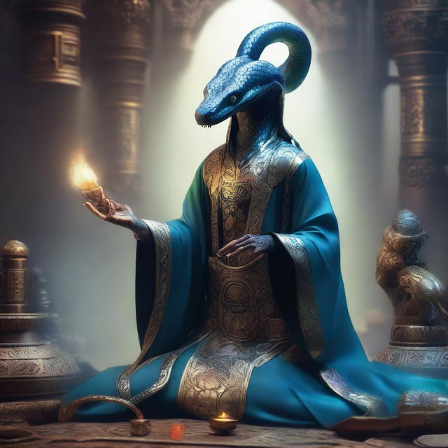 A detailed image of a Yuan-ti illusionist, a snake-like humanoid creature casting a spell