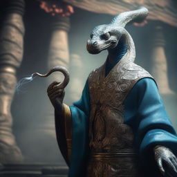 A detailed image of a Yuan-ti illusionist, a snake-like humanoid creature casting a spell