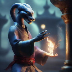 A detailed image of a Yuan-ti illusionist, a snake-like humanoid creature casting a spell