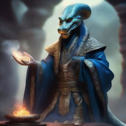 A detailed image of a Yuan-ti illusionist, a snake-like humanoid creature casting a spell