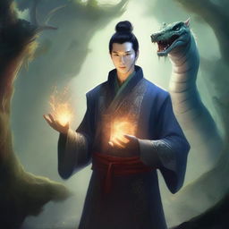 A detailed illustration of a Yuan-Ti human illusionist, showcasing their serpentine features blended with human traits