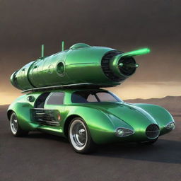 An futuristic car in nuclearpunk style, featuring prominent atomic age design elements, nuke-tube powered engine, radiant green accents, and a robust armored body