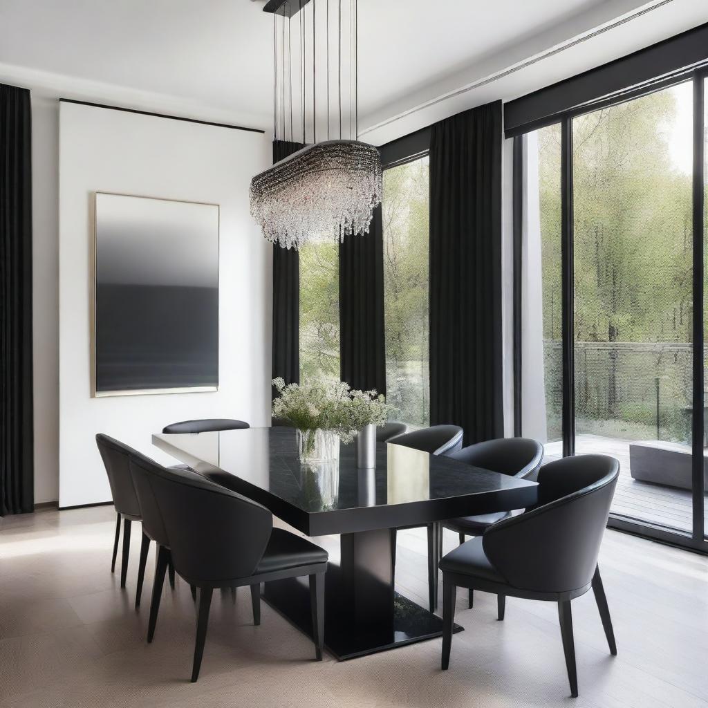 A modern luxury dining room featuring a large black rectangular table and elegant French chairs