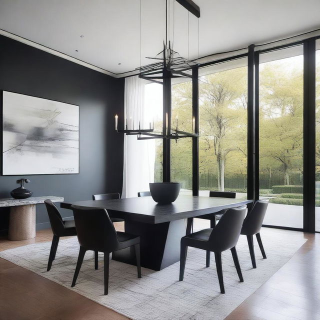 A modern luxury dining room featuring a large black rectangular table and elegant French chairs