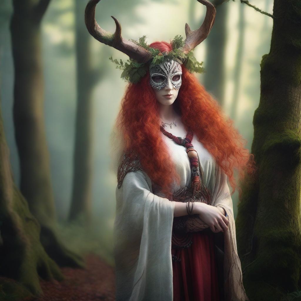 A female druid with vibrant red hair, wearing an animal skull as a mask