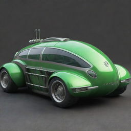 An futuristic car in nuclearpunk style, featuring prominent atomic age design elements, nuke-tube powered engine, radiant green accents, and a robust armored body