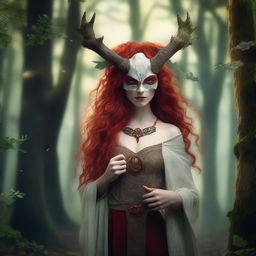 A female druid with vibrant red hair, wearing an animal skull as a mask