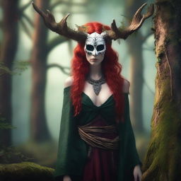 A female druid with vibrant red hair, wearing an animal skull as a mask