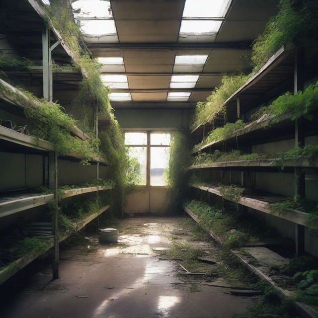 A detailed scene of an abandoned supermarket overgrown with plants