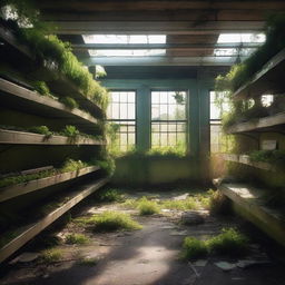 A detailed scene of an abandoned supermarket overgrown with plants