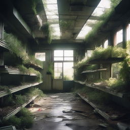 A detailed scene of an abandoned supermarket overgrown with plants