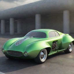 An futuristic car in nuclearpunk style, featuring prominent atomic age design elements, nuke-tube powered engine, radiant green accents, and a robust armored body