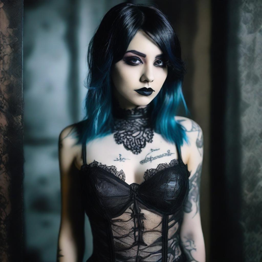 Create an image of an emo woman in lingerie