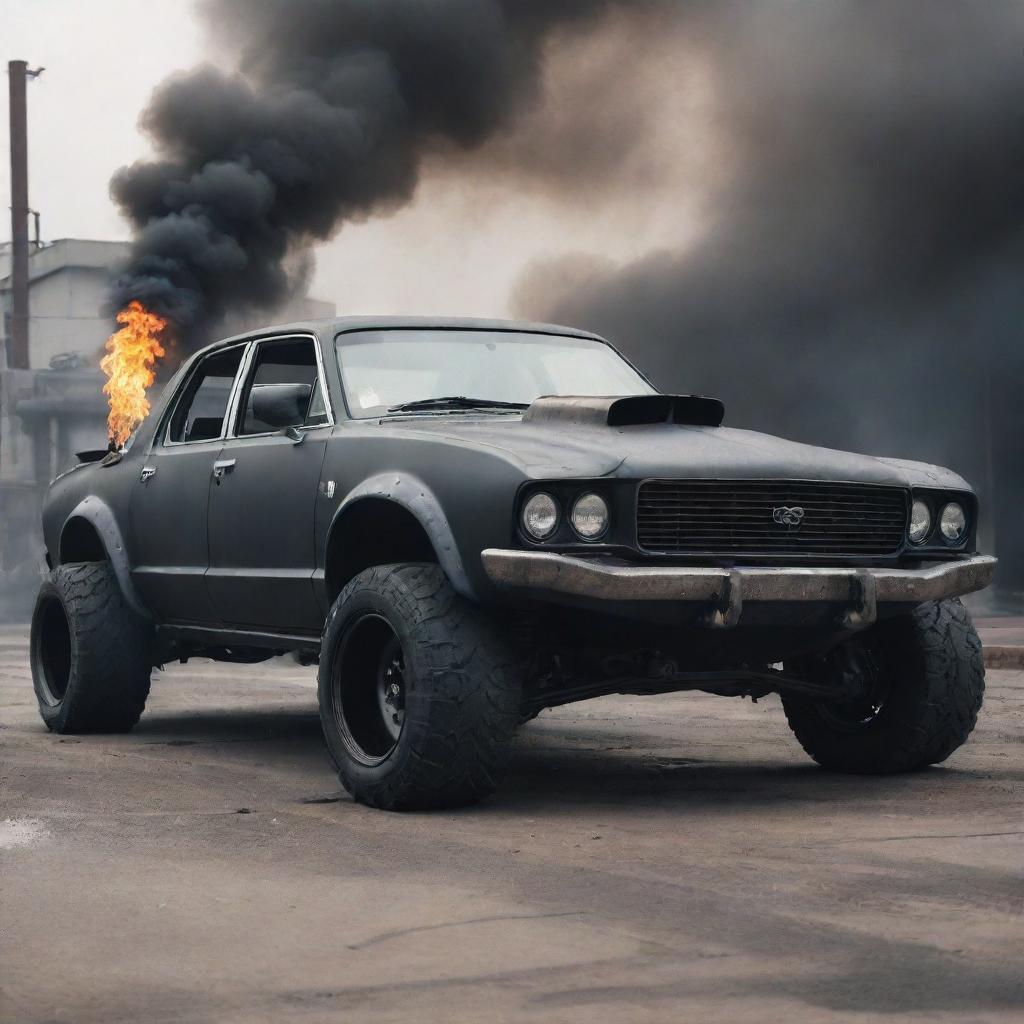 A car conceptualized in an 'oilpunk' style, featuring a rugged, oil-slicked metal body, large exhaust pipes spewing black smoke, a visible oil-burning engine, and a dystopian industrial aesthetic