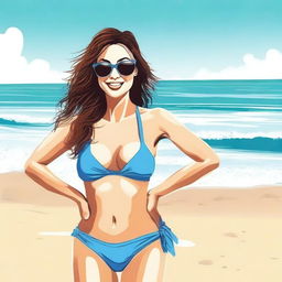 Create an image of a woman wearing a bikini on a beach