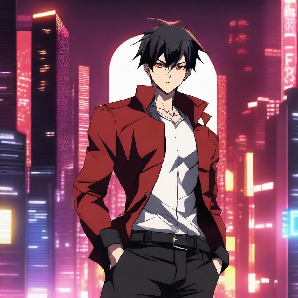 A badass anime man with short black hair and red eyes, standing in a powerful pose