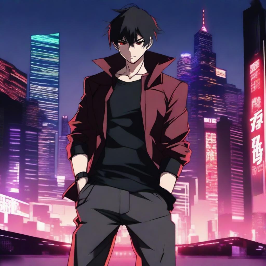 A badass anime man with short black hair and red eyes, standing in a powerful pose