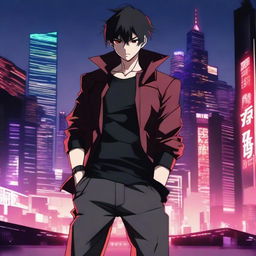 A badass anime man with short black hair and red eyes, standing in a powerful pose