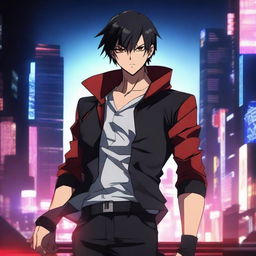 A badass anime man with short black hair and red eyes, standing in a powerful pose