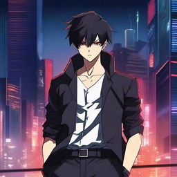 A badass anime man with short black hair and red eyes, standing in a powerful pose