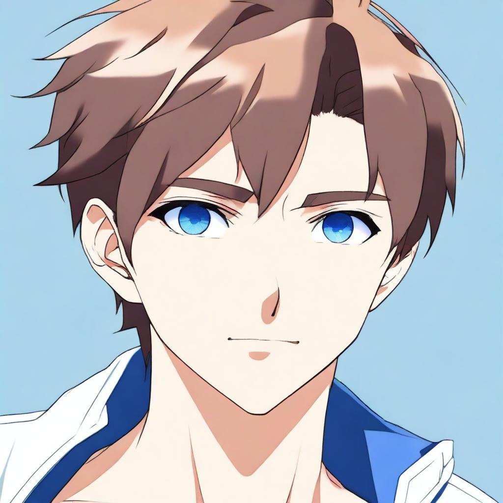 A detailed illustration of an anime man with short brown hair and striking blue eyes