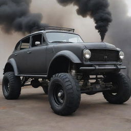 A car conceptualized in an 'oilpunk' style, featuring a rugged, oil-slicked metal body, large exhaust pipes spewing black smoke, a visible oil-burning engine, and a dystopian industrial aesthetic