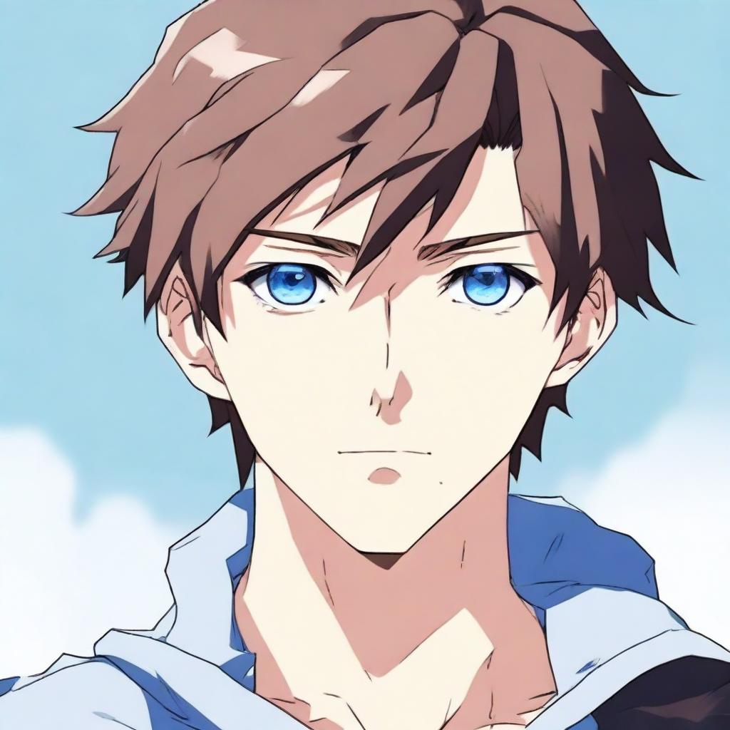 A detailed illustration of an anime man with short brown hair and striking blue eyes