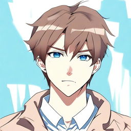 A detailed illustration of an anime man with short brown hair and striking blue eyes