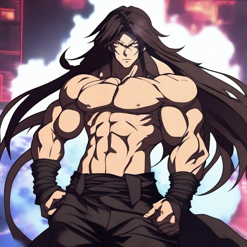 A badass anime man with dark brown long hair and black eyes, standing in a dramatic pose