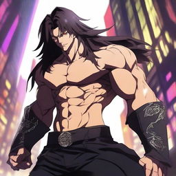 A badass anime man with dark brown long hair and black eyes, standing in a dramatic pose