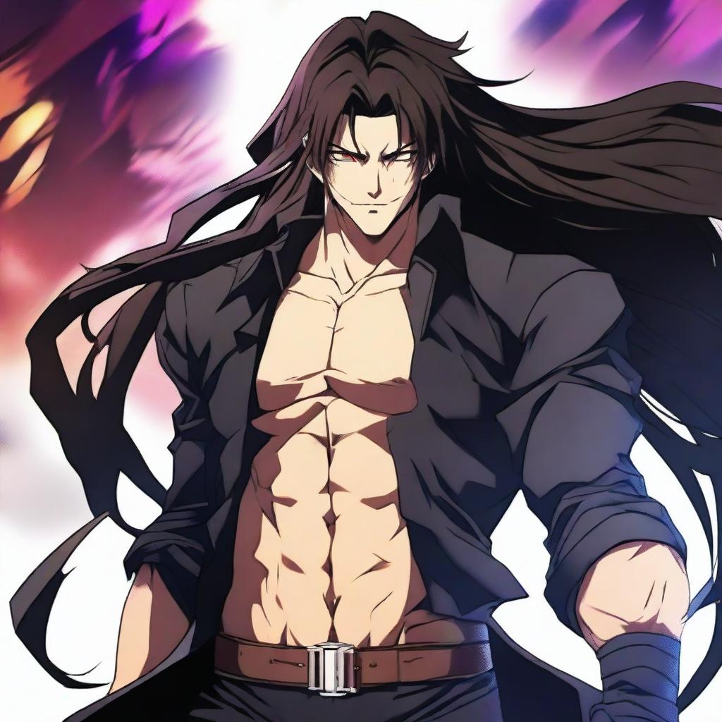 A badass anime man with dark brown long hair and black eyes, standing in a dramatic pose