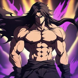 A badass anime man with dark brown long hair and black eyes, standing in a dramatic pose