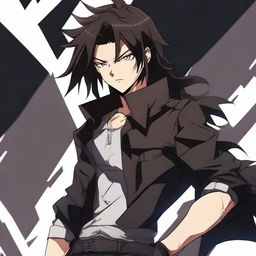 A badass anime boy with dark brown long hair and black eyes