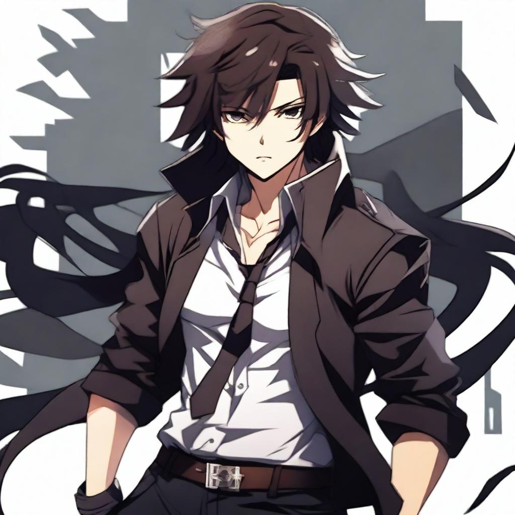 A badass anime boy with dark brown long hair and black eyes