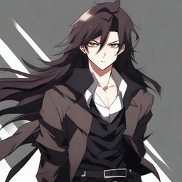 A badass anime boy with dark brown long hair and black eyes